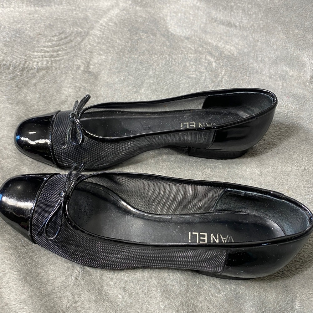 Vaneli Ballet Flats Womens 6 Black Mesh Patent Leather Bow Cap Toe Low Heel